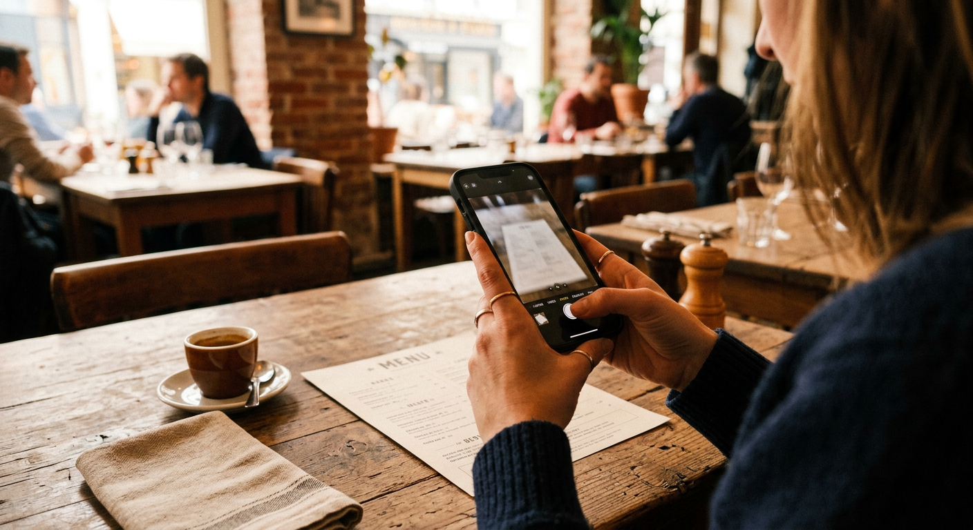 A restaurant owner photographing a printed paper menu on a bistro table with a phone