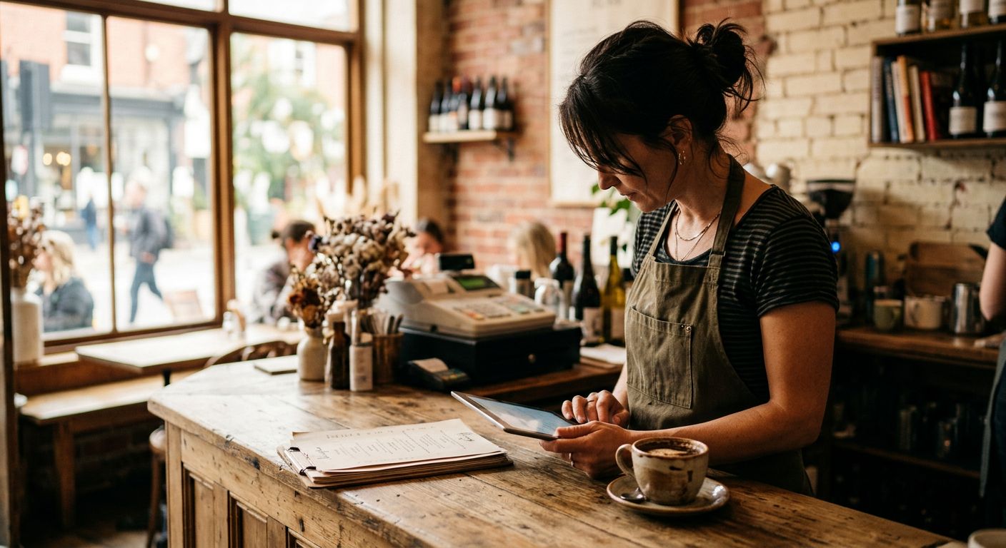 A small café owner checking a tablet at the counter beside a stack of printed menus